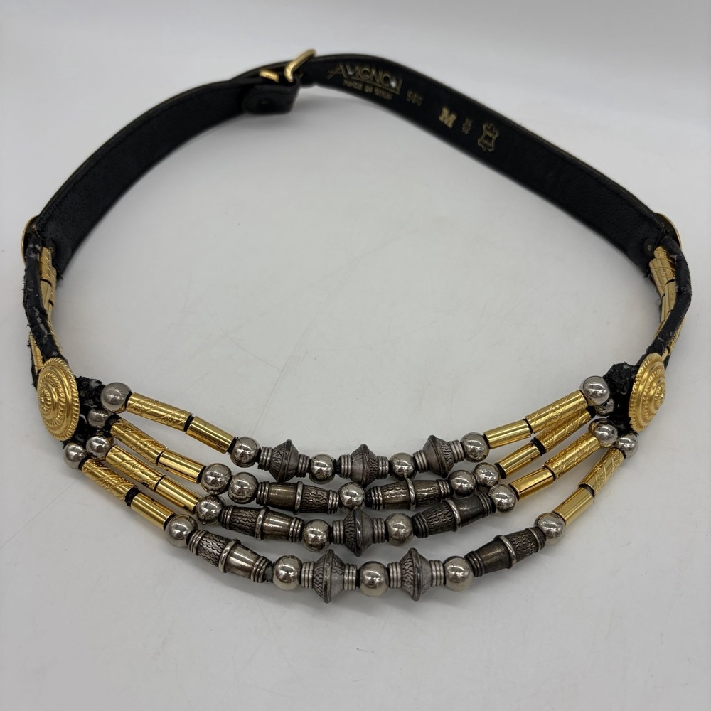 Vintage Avignon Womens M Belt Black Leather Silver & Gold Beading Boho Western